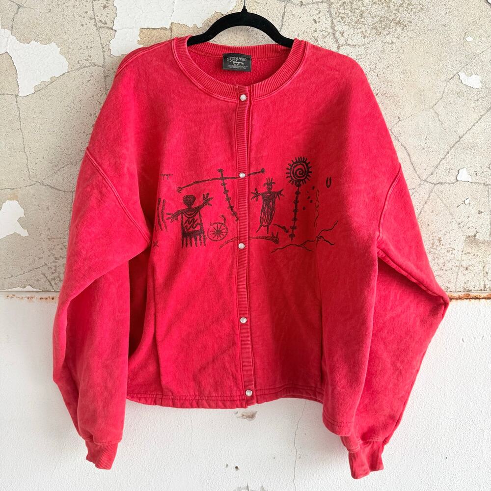 Vtg 90s Stone Aged Rockwear Sweatshirt Cardigan Red‎ Jacket Southwest Womens XL